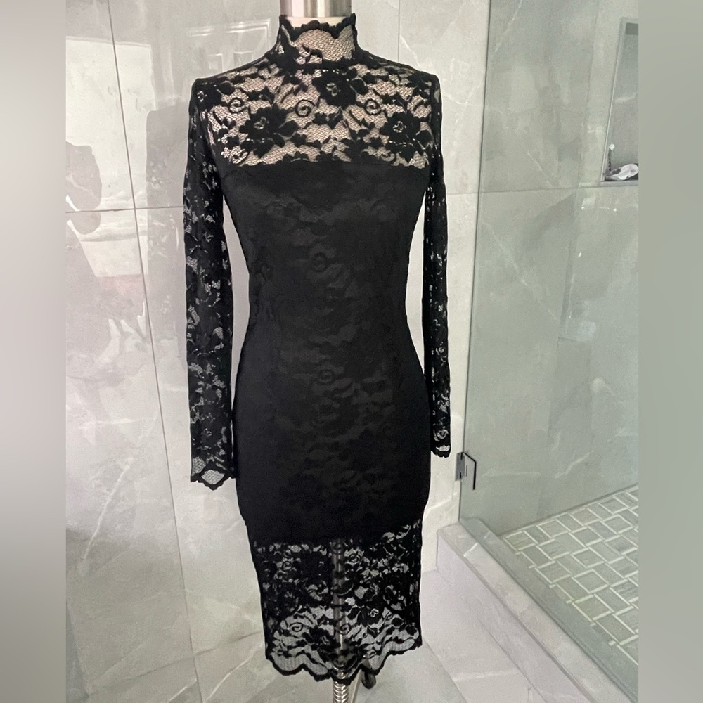GANNI Black Floral Lace Long Sleeve Dress